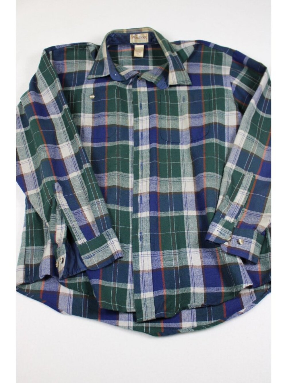Vintage Windridge Plaid Button-Up Flannel Shirt Long Sleeves Green & Blue Size L